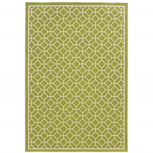 8' x 11' Green and Ivory Geometric Stain Resistant Indoor Outdoor Area Rug