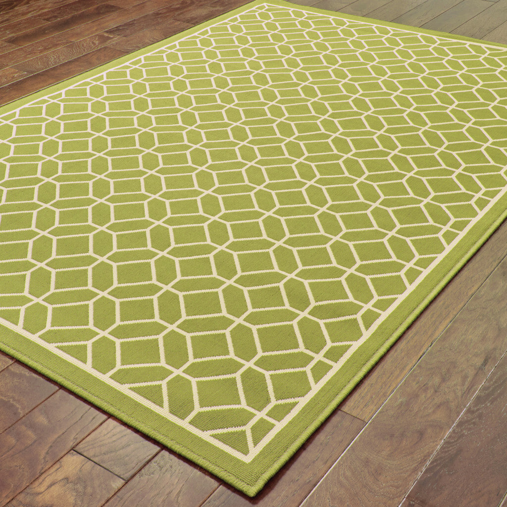 8' x 11' Green and Ivory Geometric Stain Resistant Indoor Outdoor Area Rug