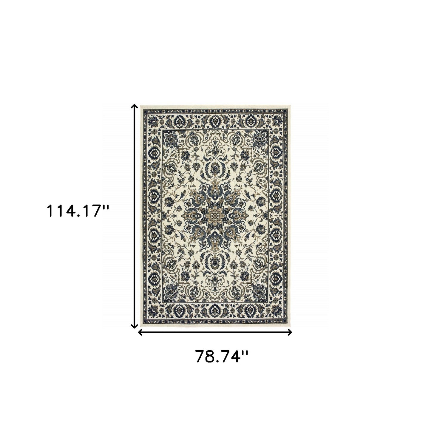 7' x 10' Ivory and Blue Oriental Stain Resistant Indoor Outdoor Area Rug