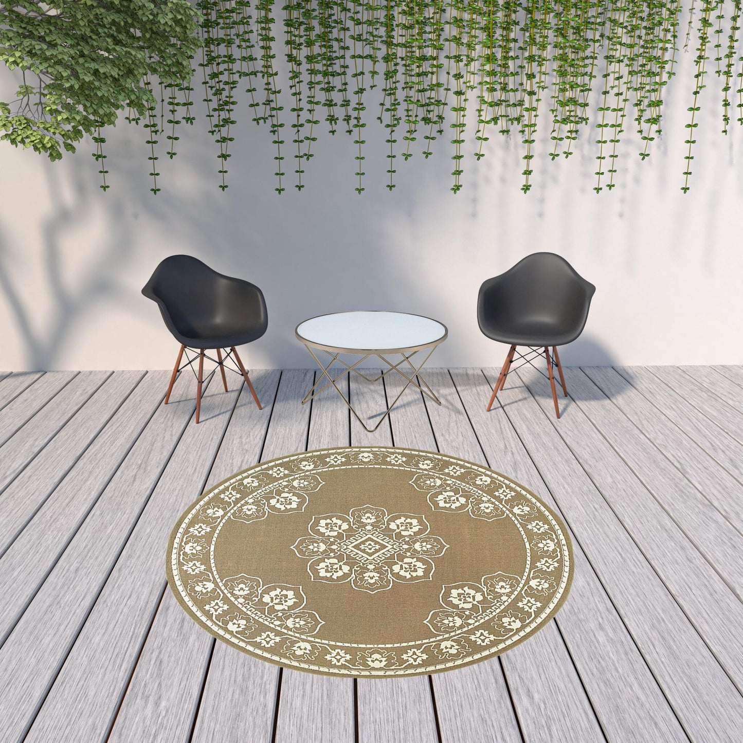 8' x 8' Tan Round Oriental Stain Resistant Indoor Outdoor Area Rug