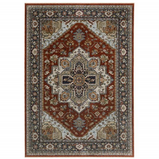 3' X 5' Blue Beige Grey Gold Green And Rust Red Oriental Power Loom Stain Resistant Area Rug With Fringe