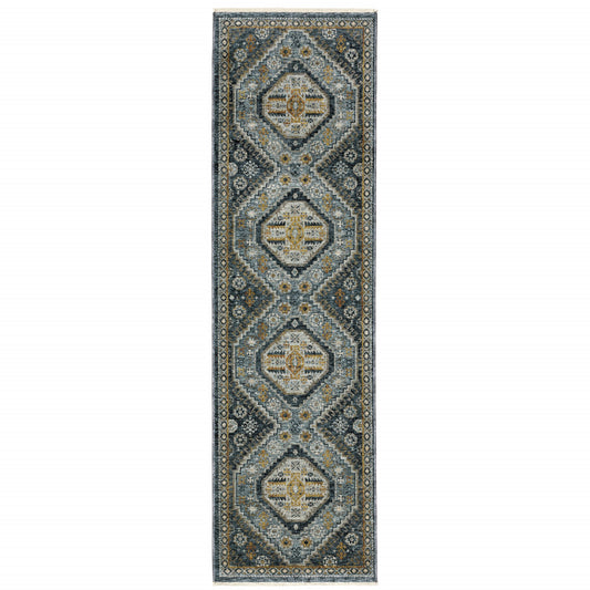 2' X 8' Blue Gold Ivory And Navy Oriental Power Loom Stain Resistant Runner Rug With Fringe
