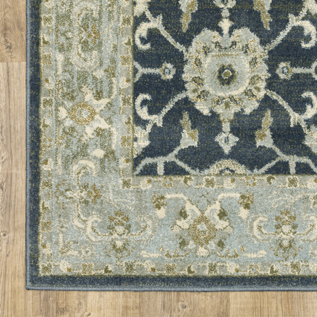 5' X 7' Teal Blue Ivory Green And Grey Oriental Power Loom Stain Resistant Area Rug