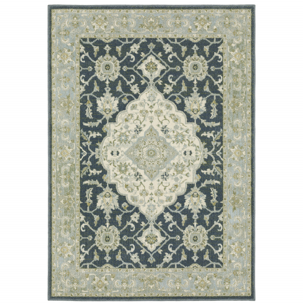 5' X 7' Teal Blue Ivory Green And Grey Oriental Power Loom Stain Resistant Area Rug