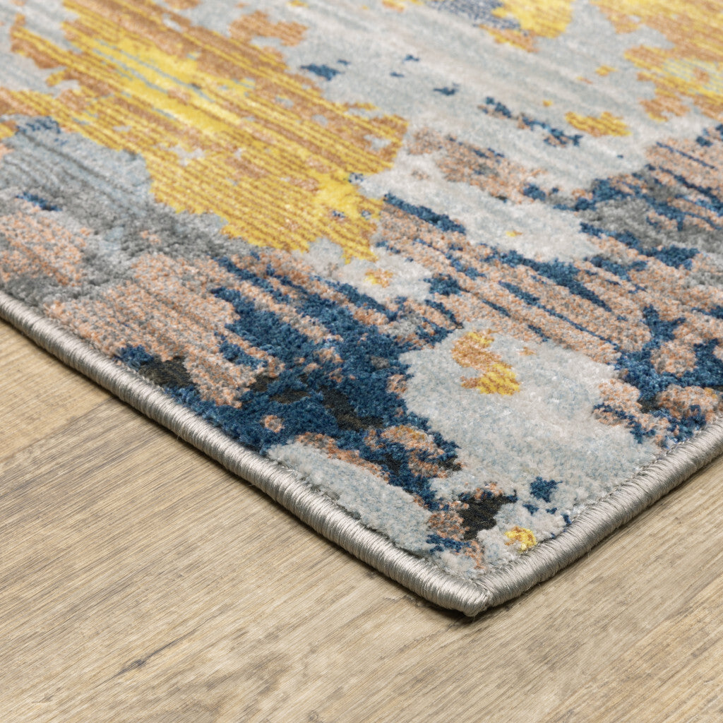2' X 8' Yellow Gold Blue Grey Brown And Beige Abstract Power Loom Stain Resistant Runner Rug
