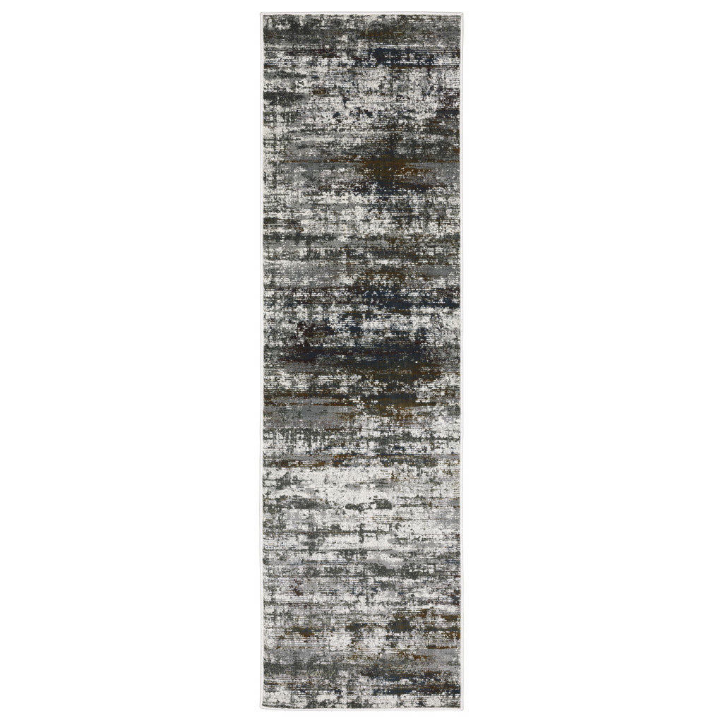 2' X 8' Ivory Charcoal Grey Blue Rust And Brown Abstract Power Loom Stain Resistant Runner Rug