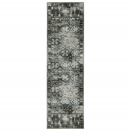 2' X 8' Charcoal Grey Blue Ivory And Taupe Oriental Power Loom Stain Resistant Runner Rug