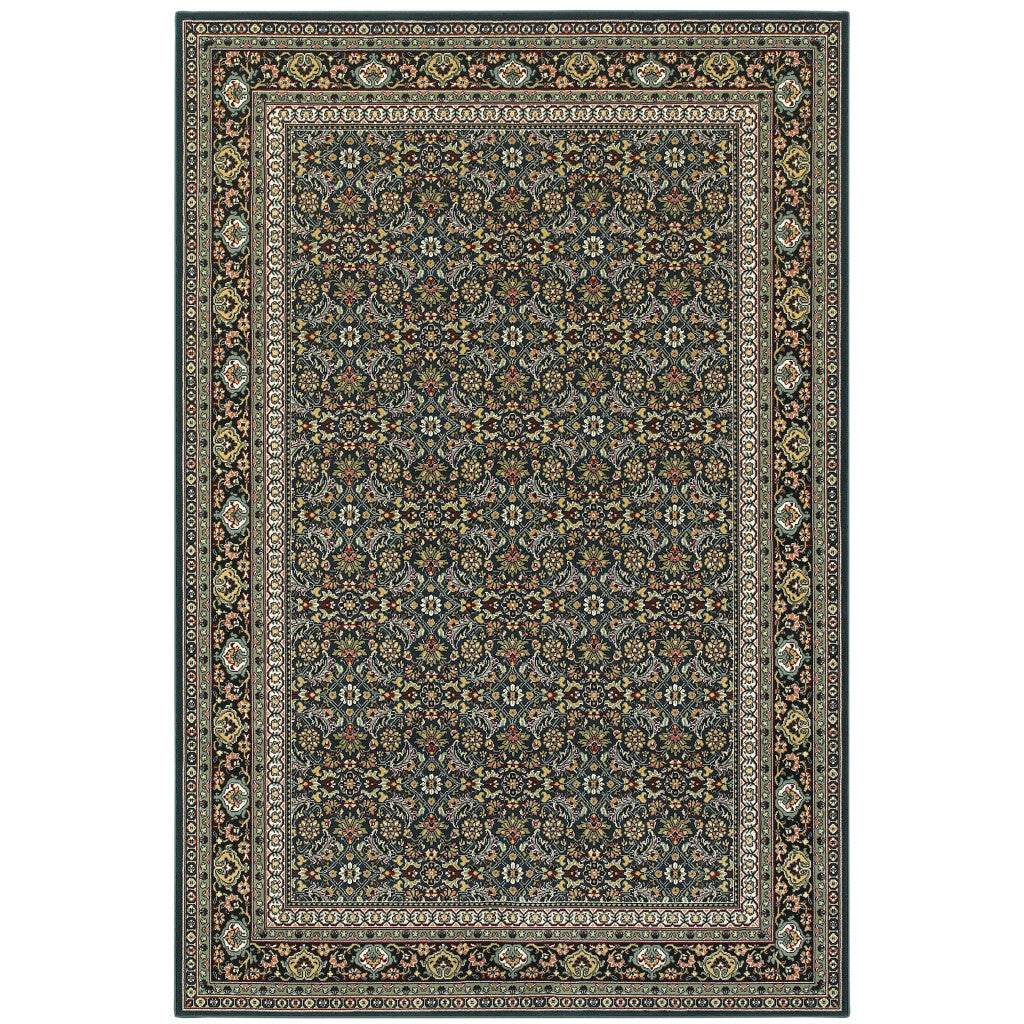 5' X 8' Navy Blue Green Red Ivory And Yellow Oriental Power Loom Stain Resistant Area Rug