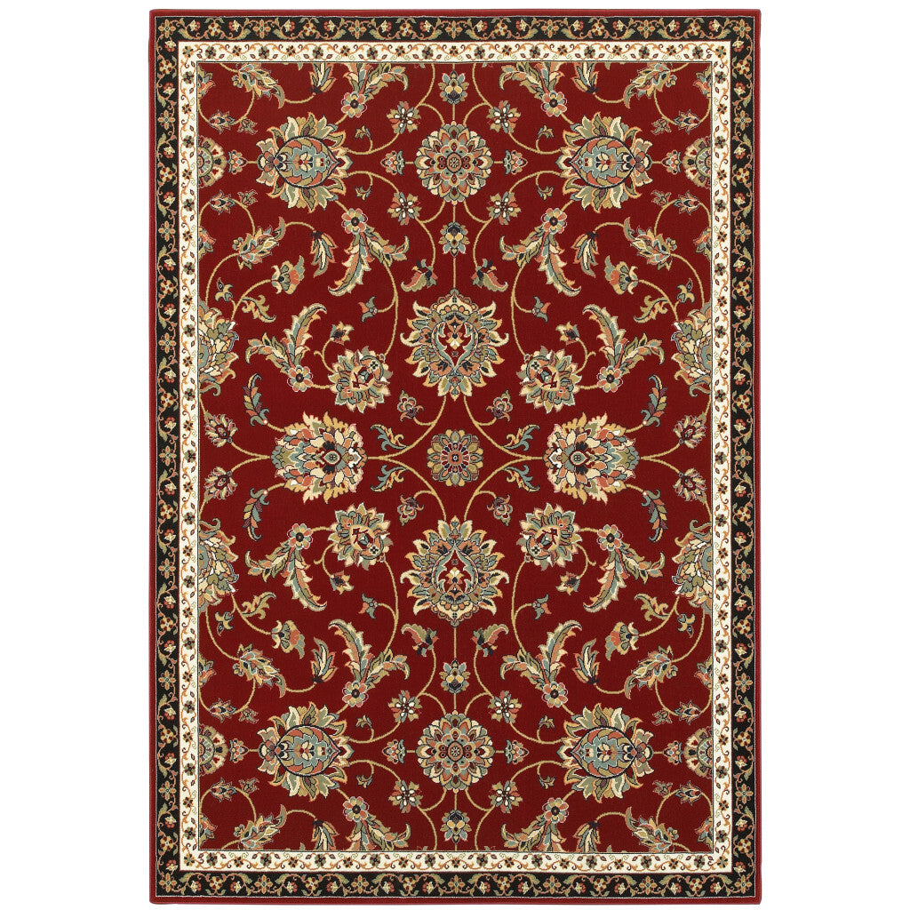 6' X 9' Red Black Blue Ivory Green And Salmon Oriental Power Loom Stain Resistant Area Rug