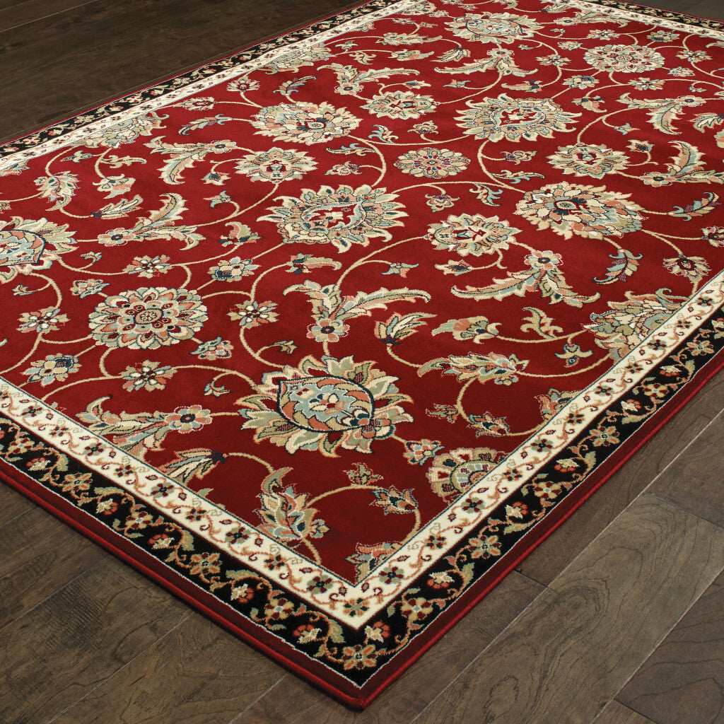 6' X 9' Red Black Blue Ivory Green And Salmon Oriental Power Loom Stain Resistant Area Rug
