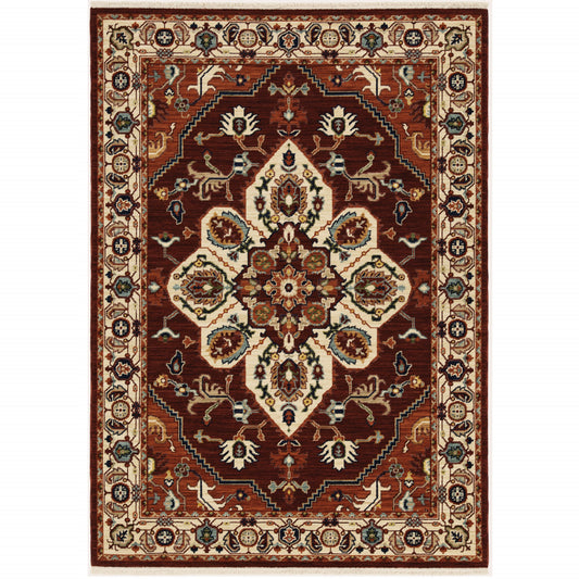 3' X 5' Red Ivory Orange And Blue Oriental Power Loom Stain Resistant Area Rug With Fringe