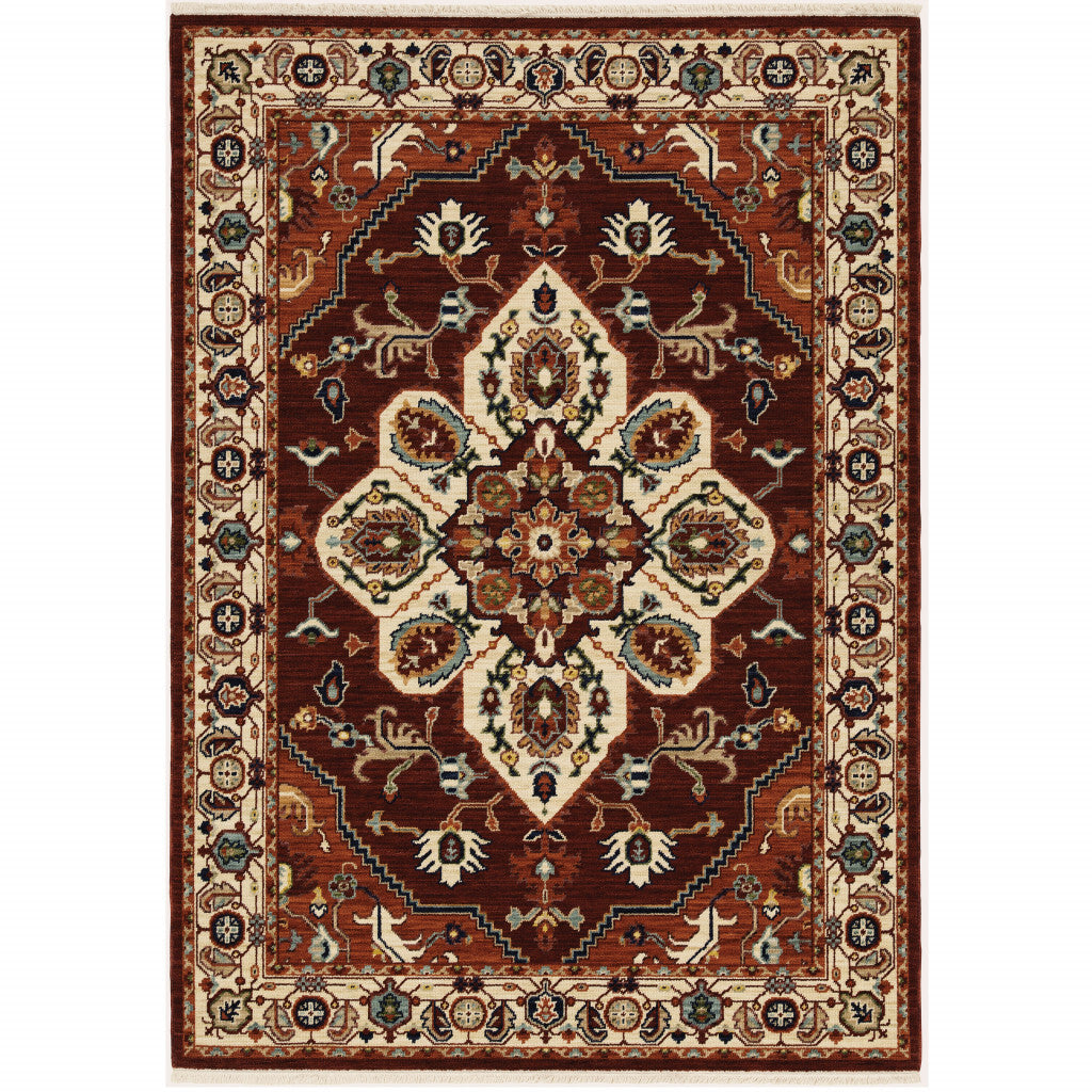3' X 5' Red Ivory Orange And Blue Oriental Power Loom Stain Resistant Area Rug With Fringe