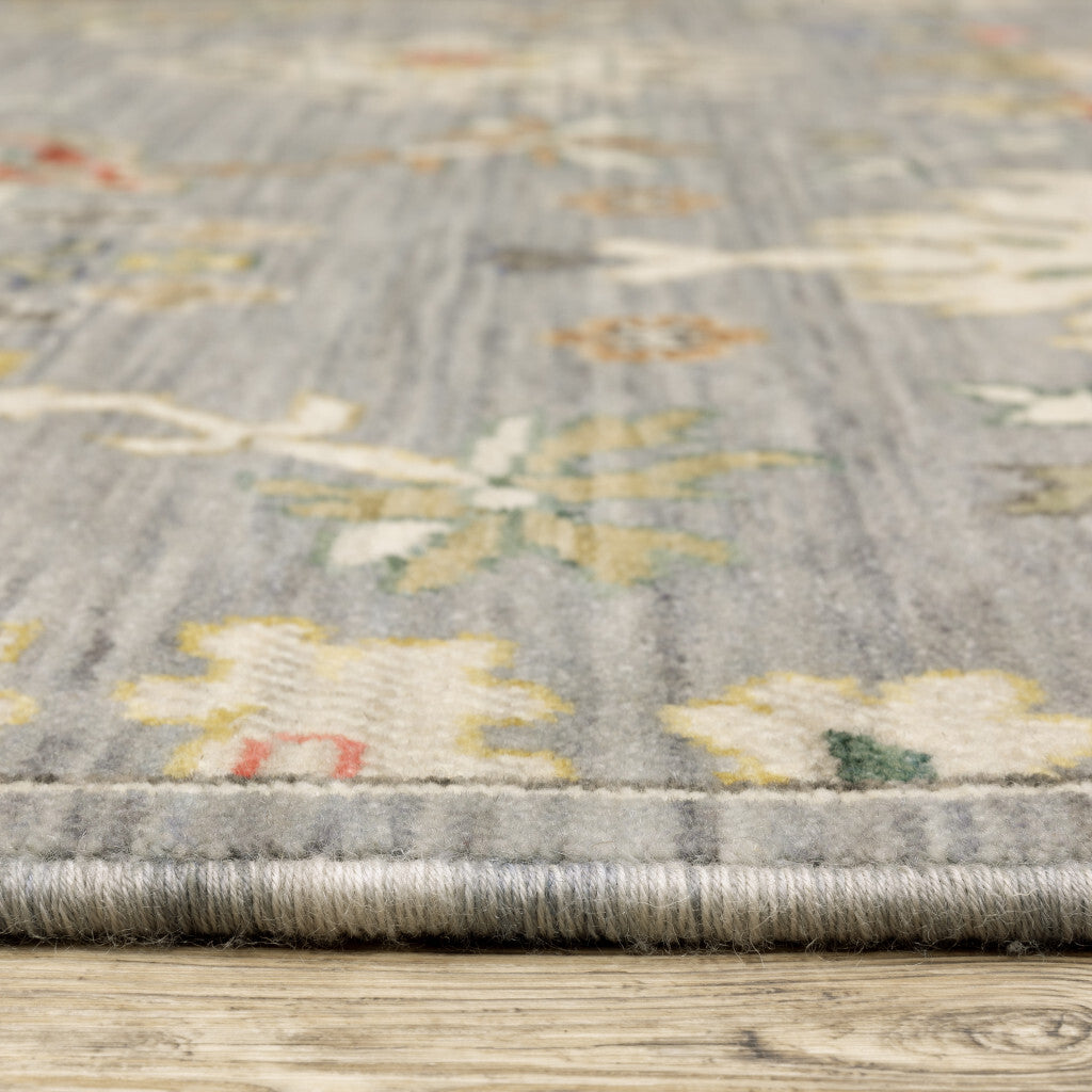 2' X 6' Grey Ivory Gold Salmon Red Blue And Green Oriental Power Loom Stain Resistant Runner Rug With Fringe