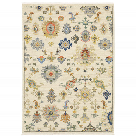 3' X 5' Ivory Beige Gold Grey Blue Pink Red Rust And Green Oriental Power Loom Stain Resistant Area Rug With Fringe