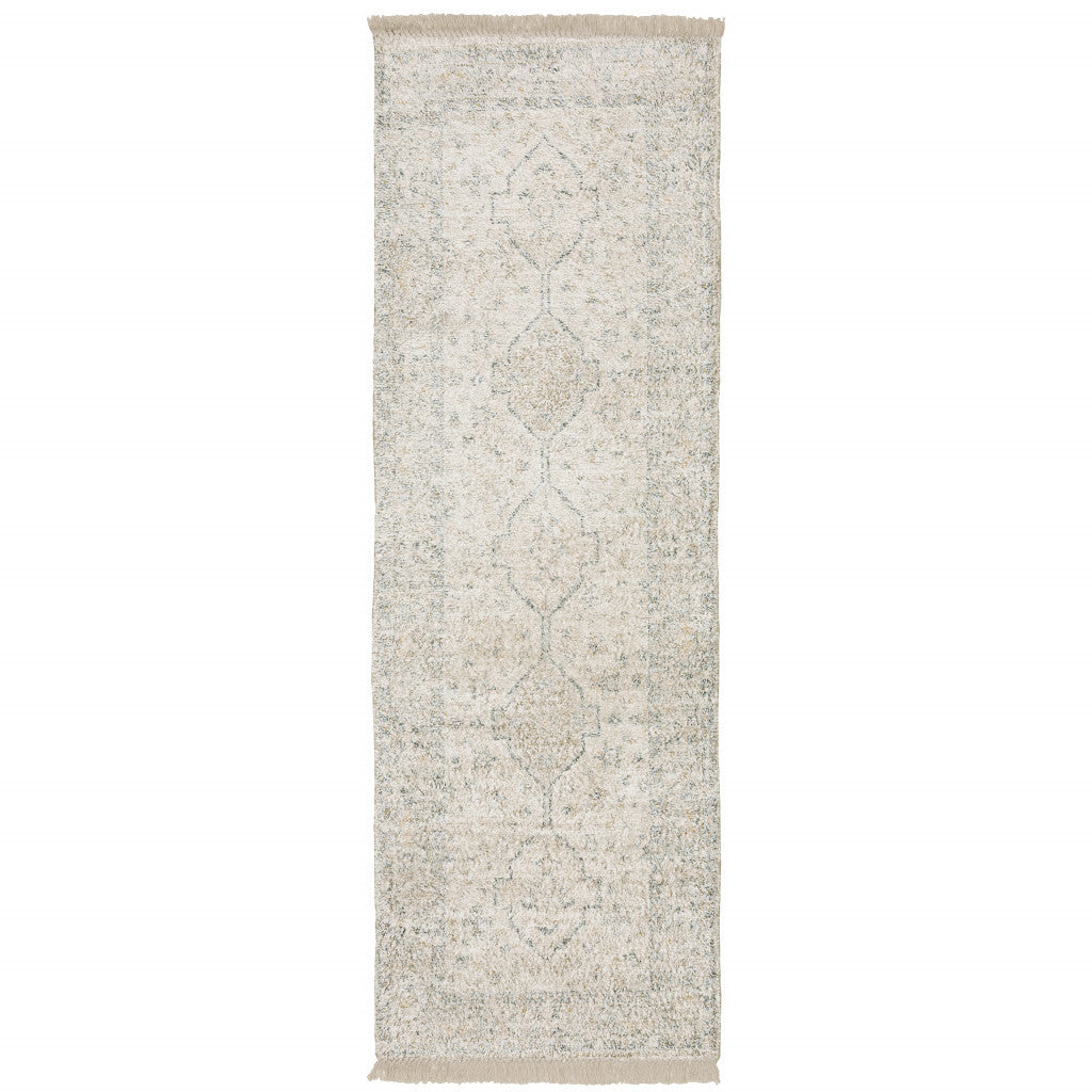8' Beige and Black Oriental Hand Loomed Runner Rug With Fringe
