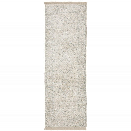 8' Beige and Black Oriental Hand Loomed Runner Rug With Fringe