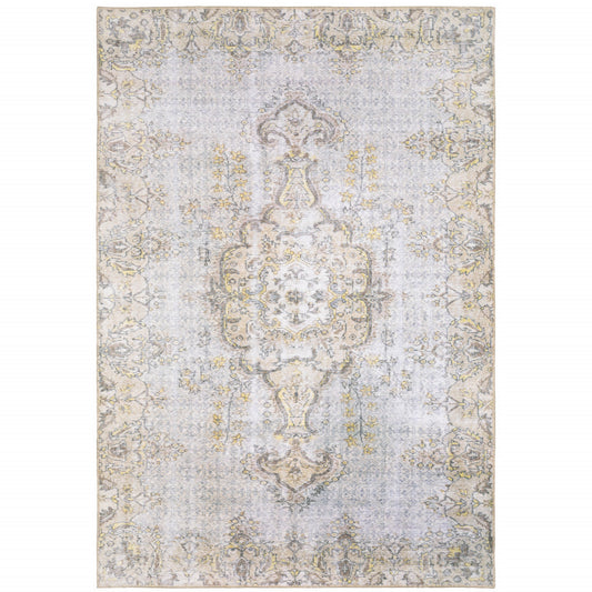 5' X 8' Grey And Gold Oriental Power Loom Stain Resistant Area Rug