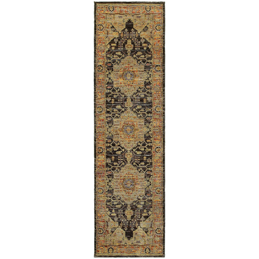 8' Runner Black and Gold Oriental Power Loom Runner Rug