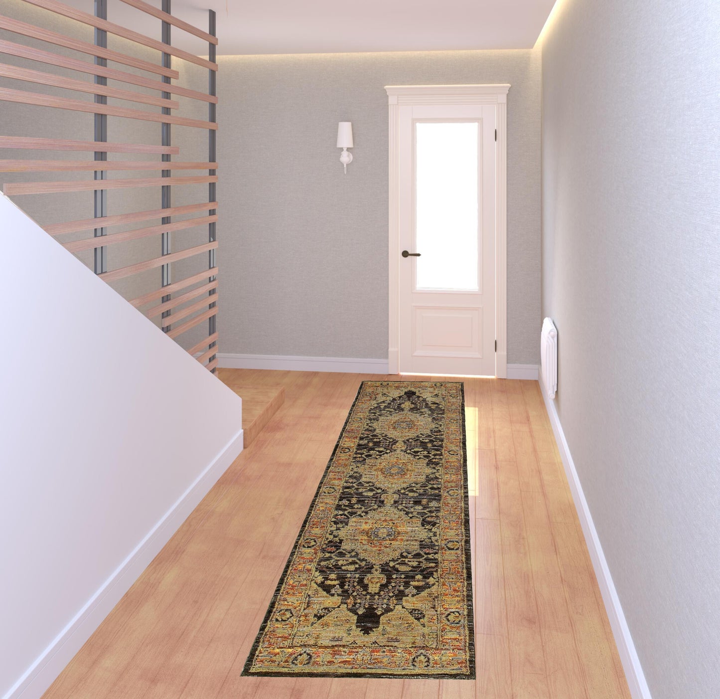 8' Runner Black and Gold Oriental Power Loom Runner Rug