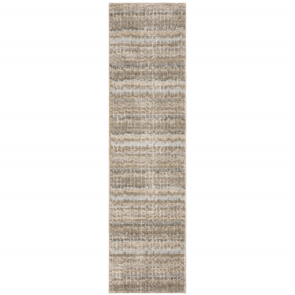 12' Runner Ivory Grey Tan and Brown Abstract Power Loom Runner Rug