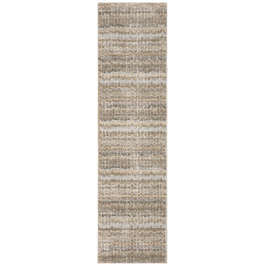 12' Runner Ivory Grey Tan and Brown Abstract Power Loom Runner Rug
