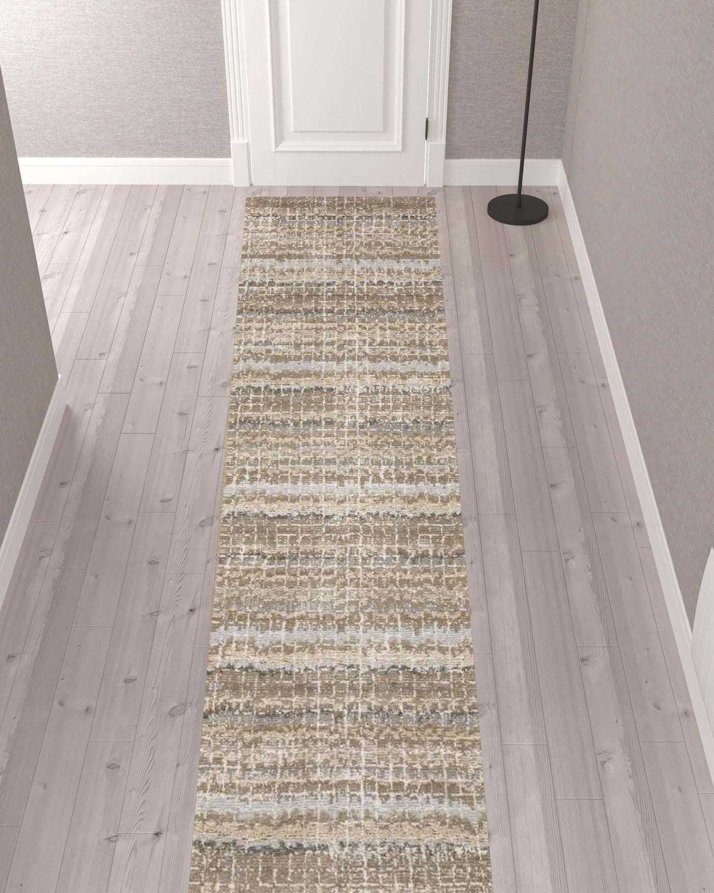 12' Runner Ivory Grey Tan and Brown Abstract Power Loom Runner Rug