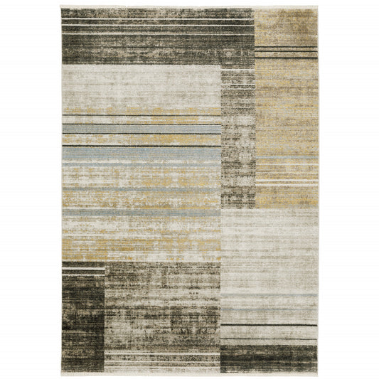 4' X 6' Beige Charcoal Brown Grey Tan Gold And Blue Geometric Power Loom Stain Resistant Area Rug With Fringe