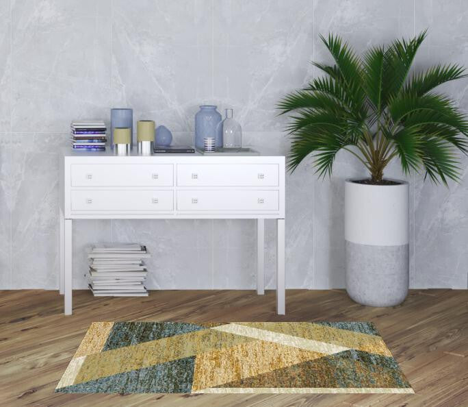 3' X 5' Blue and Beige Geometric Power Loom Area Rug