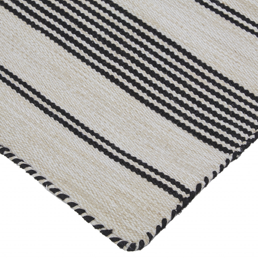 5' X 8' Black And White Striped Dhurrie Hand Woven Stain Resistant Area Rug