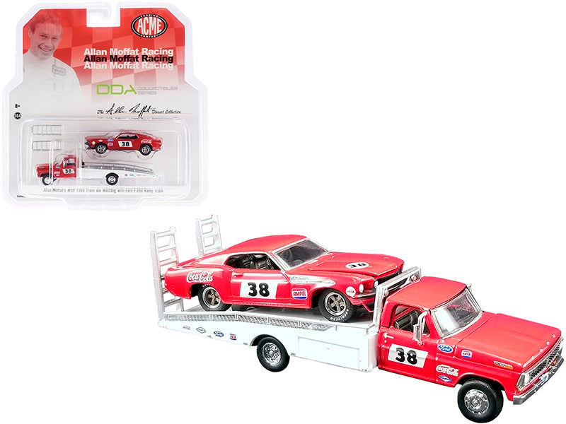 Ford F-350 Ramp Truck #38 Red and White with 1969 Ford Mustang Trans Am #38 Red "Coca-Cola" Allan Moffat Racing "DDA Collectibles" Series "ACME Exclusive" 1/64 Diecast Model Cars by Greenlight for ACME