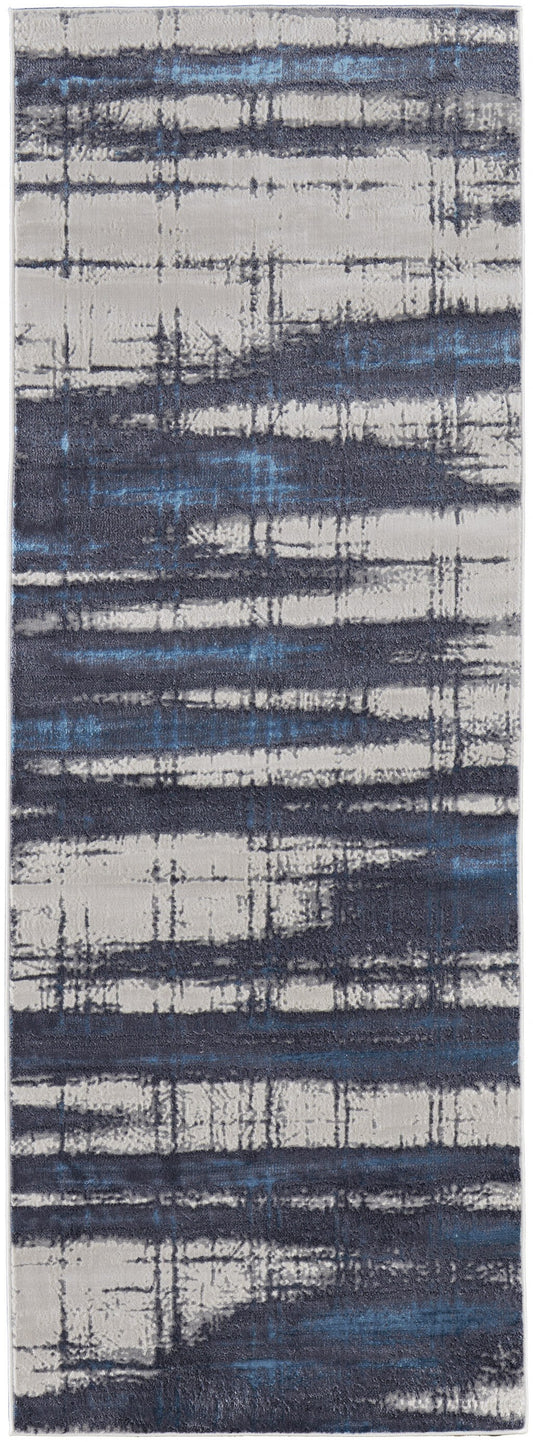 8' Ivory Blue And Gray Abstract Power Loom Distressed Runner Rug