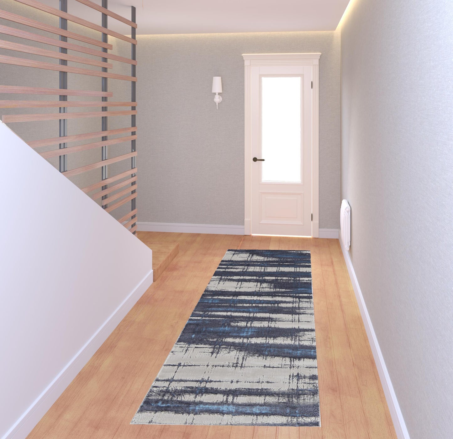 8' Ivory Blue And Gray Abstract Power Loom Distressed Runner Rug