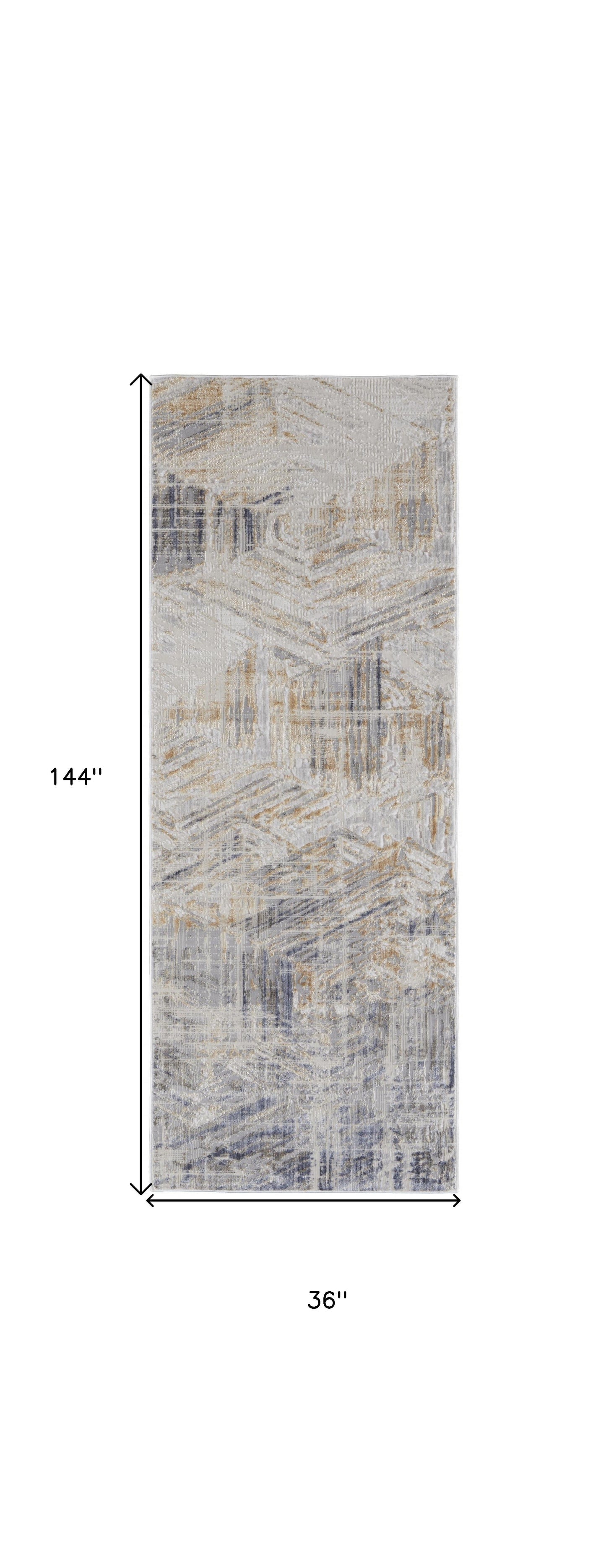 12' Tan Ivory And Gray Abstract Power Loom Distressed Runner Rug