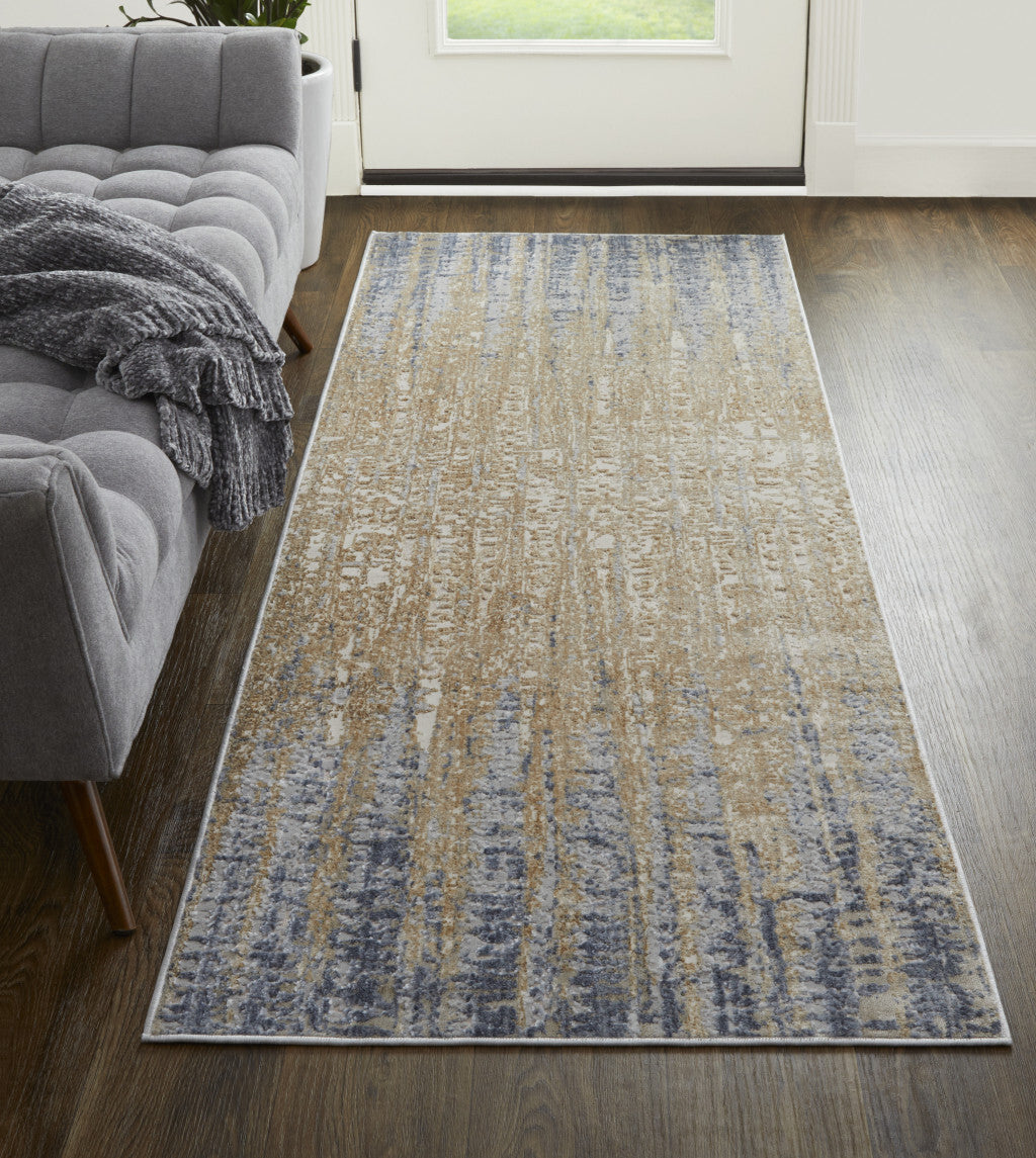 10' Tan and Brown Abstract Power Loom Distressed Non Skid Runner Rug