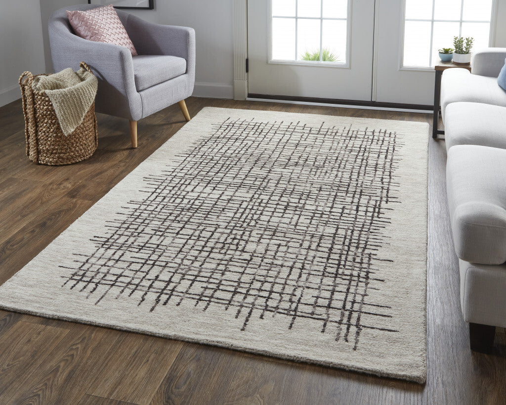 5' X 8' Tan And Brown Wool Plaid Tufted Handmade Stain Resistant Area Rug