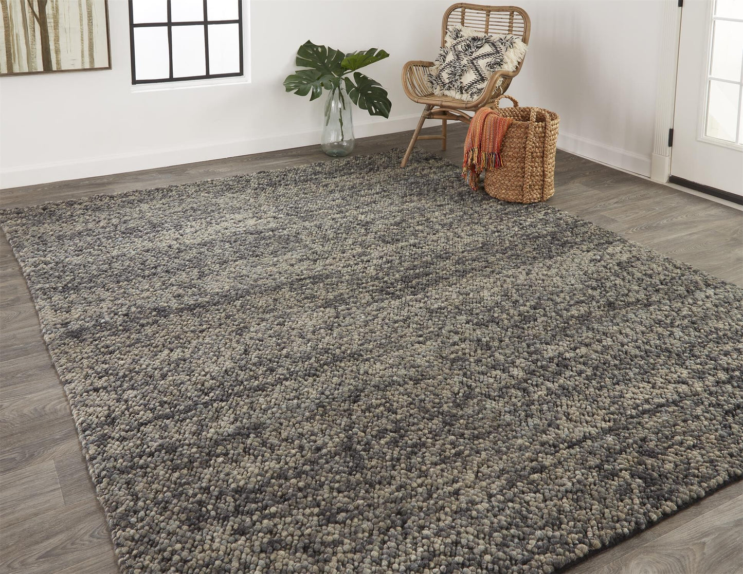 2' X 3' Gray and Black Wool Hand Woven Distressed Area Rug