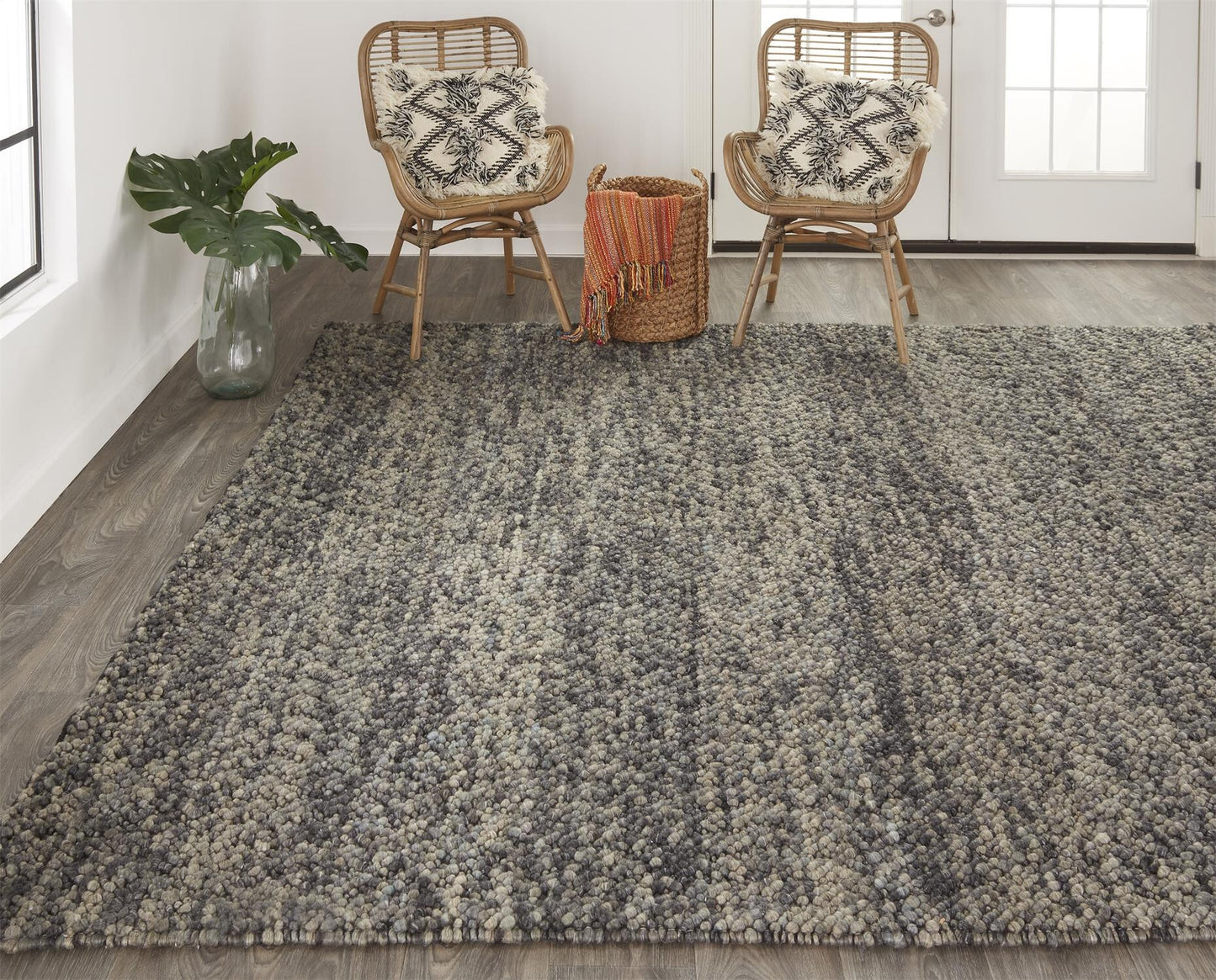 2' X 3' Gray and Black Wool Hand Woven Distressed Area Rug