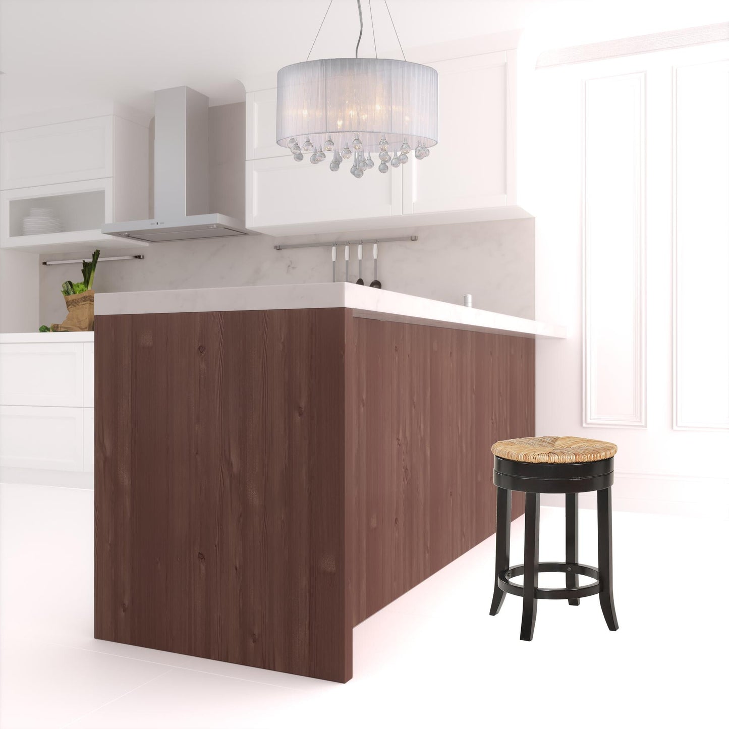 24" Natural and Espresso Rush and Solid Wood Backless Counter Height Swivel Bar Chair