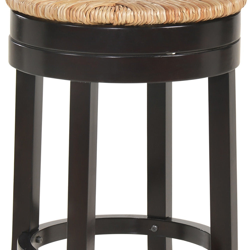 24" Natural and Espresso Rush and Solid Wood Backless Counter Height Swivel Bar Chair