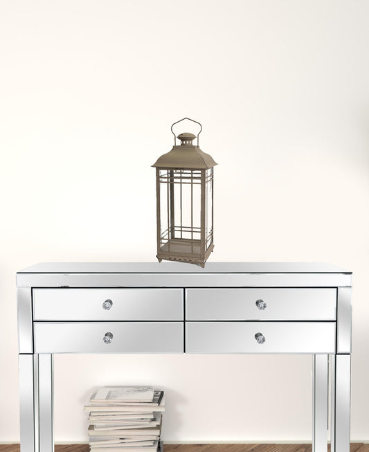 Set of Three Brown Glass and Metal Geometric Floor Lantern Candle Holders