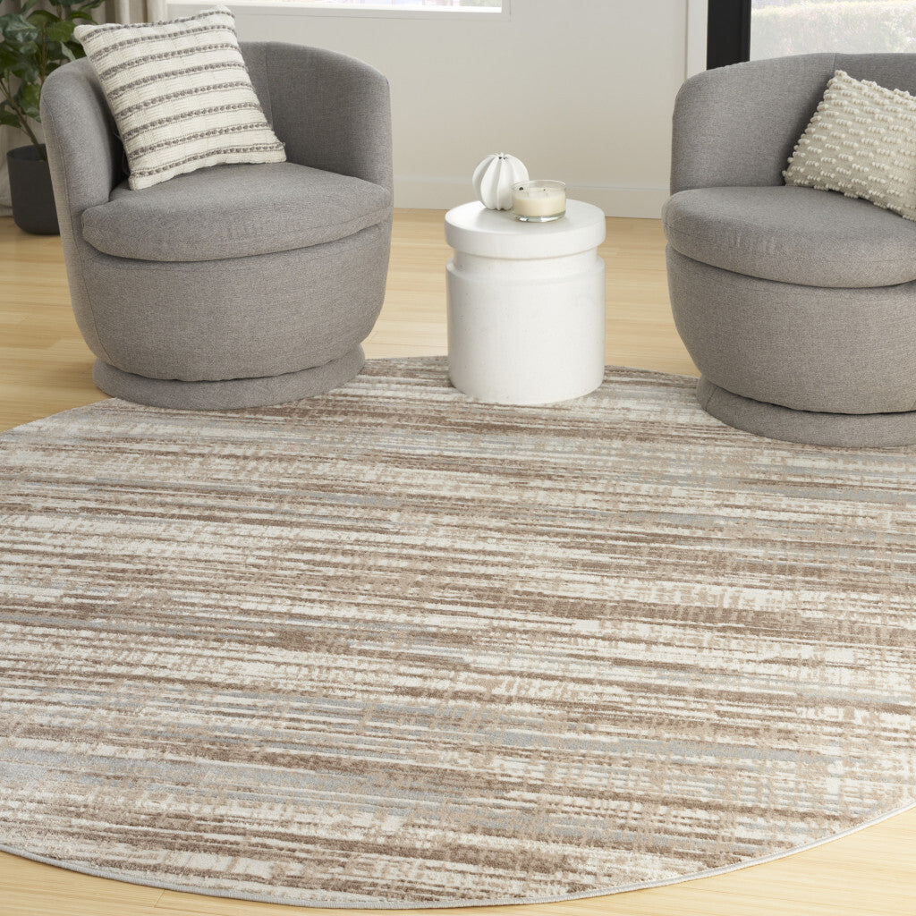 8' Brown Round Abstract Power Loom Area Rug