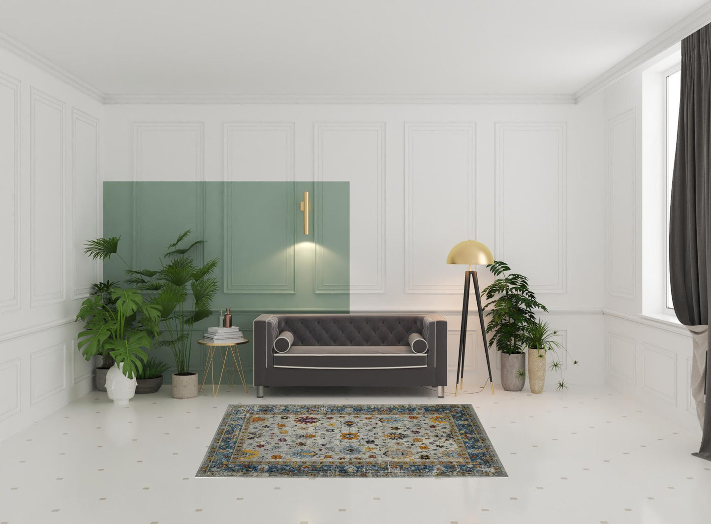 5' x 7' Blue and Orange Floral Power Loom Area Rug