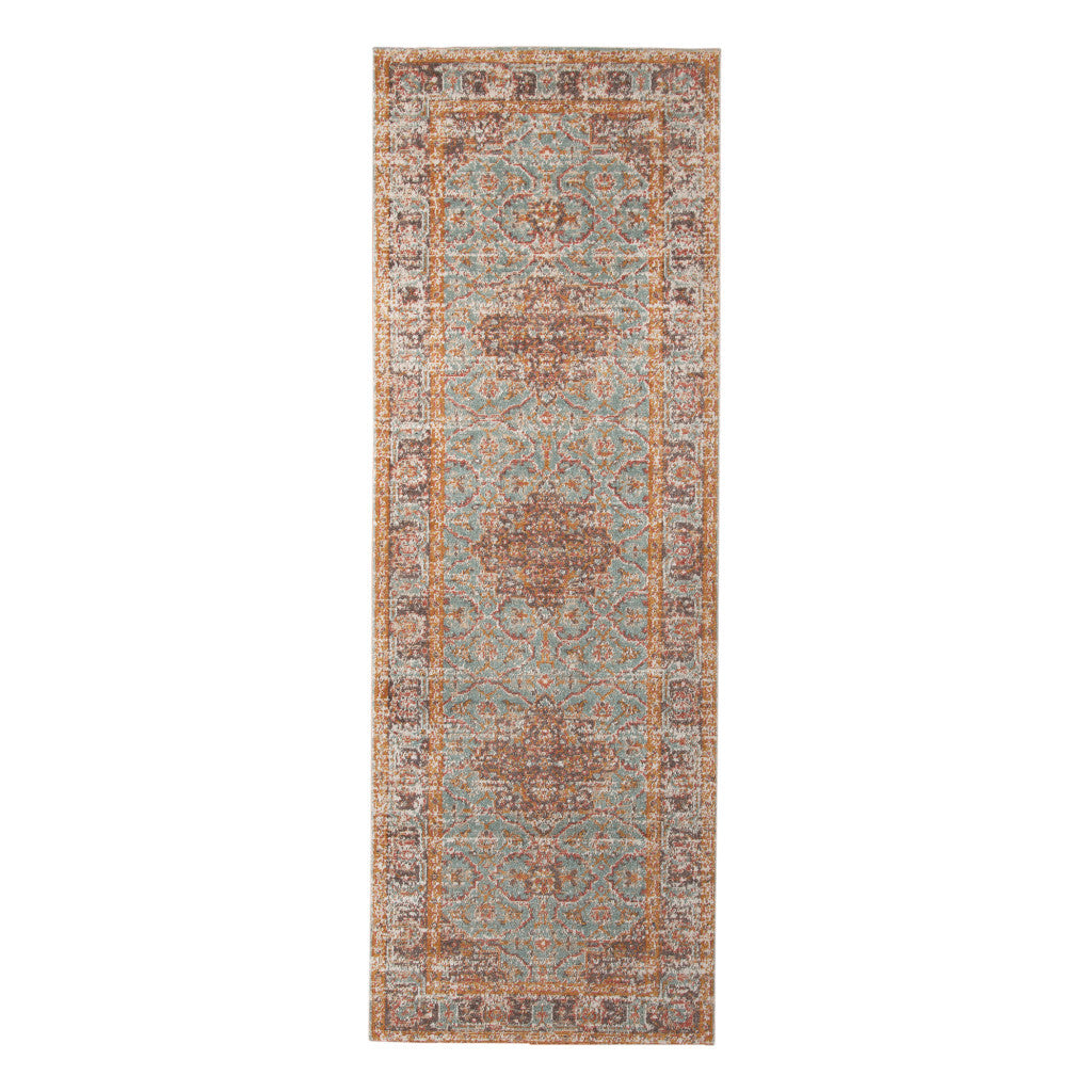 7' Teal Red and Orange Medallion Power Loom Runner Rug