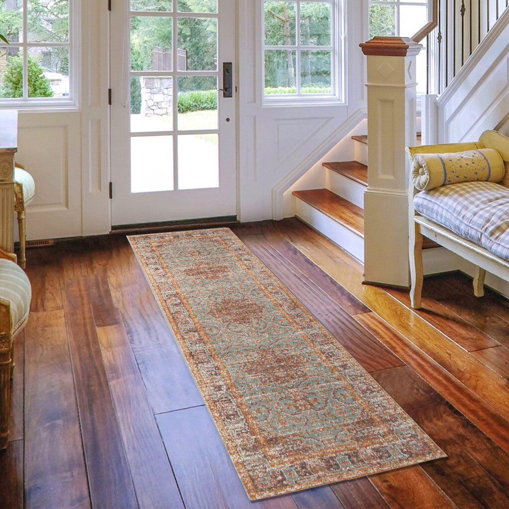 7' Teal Red and Orange Medallion Power Loom Runner Rug