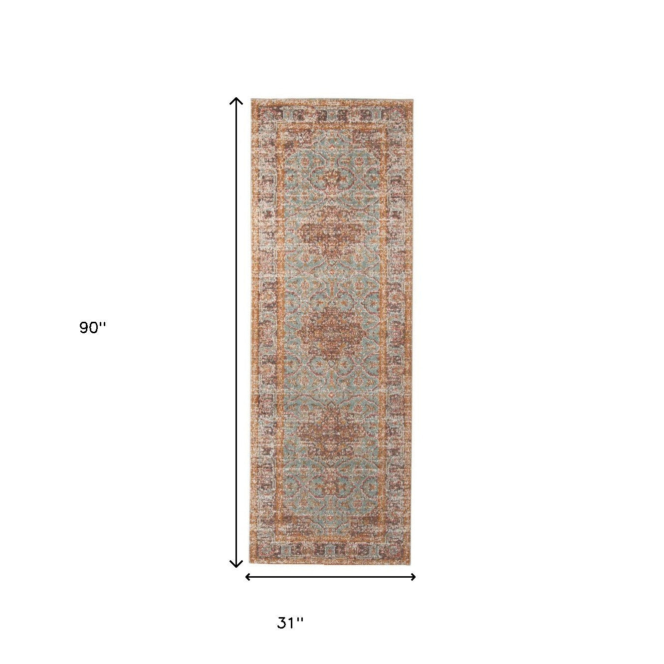 7' Teal Red and Orange Medallion Power Loom Runner Rug