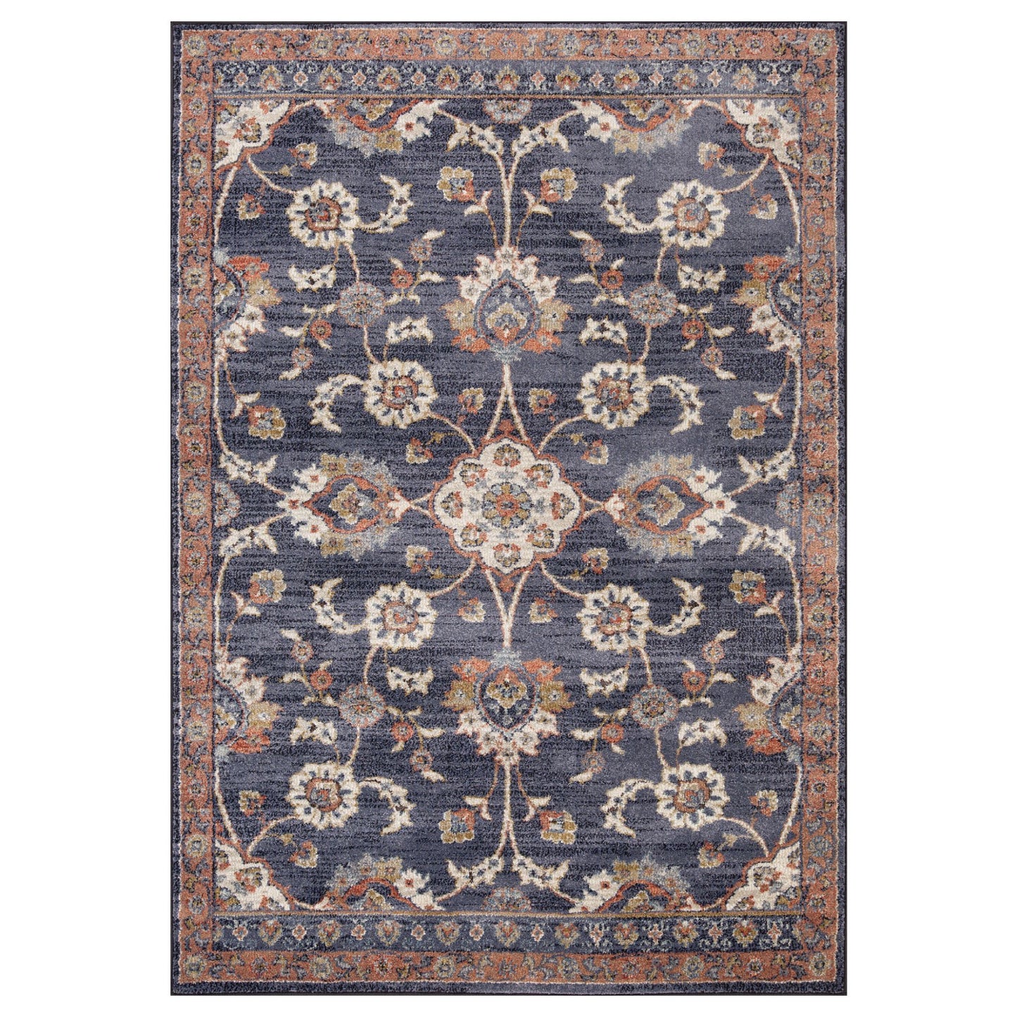 10' Ivory Navy and Orange Floral Power Loom Runner Rug