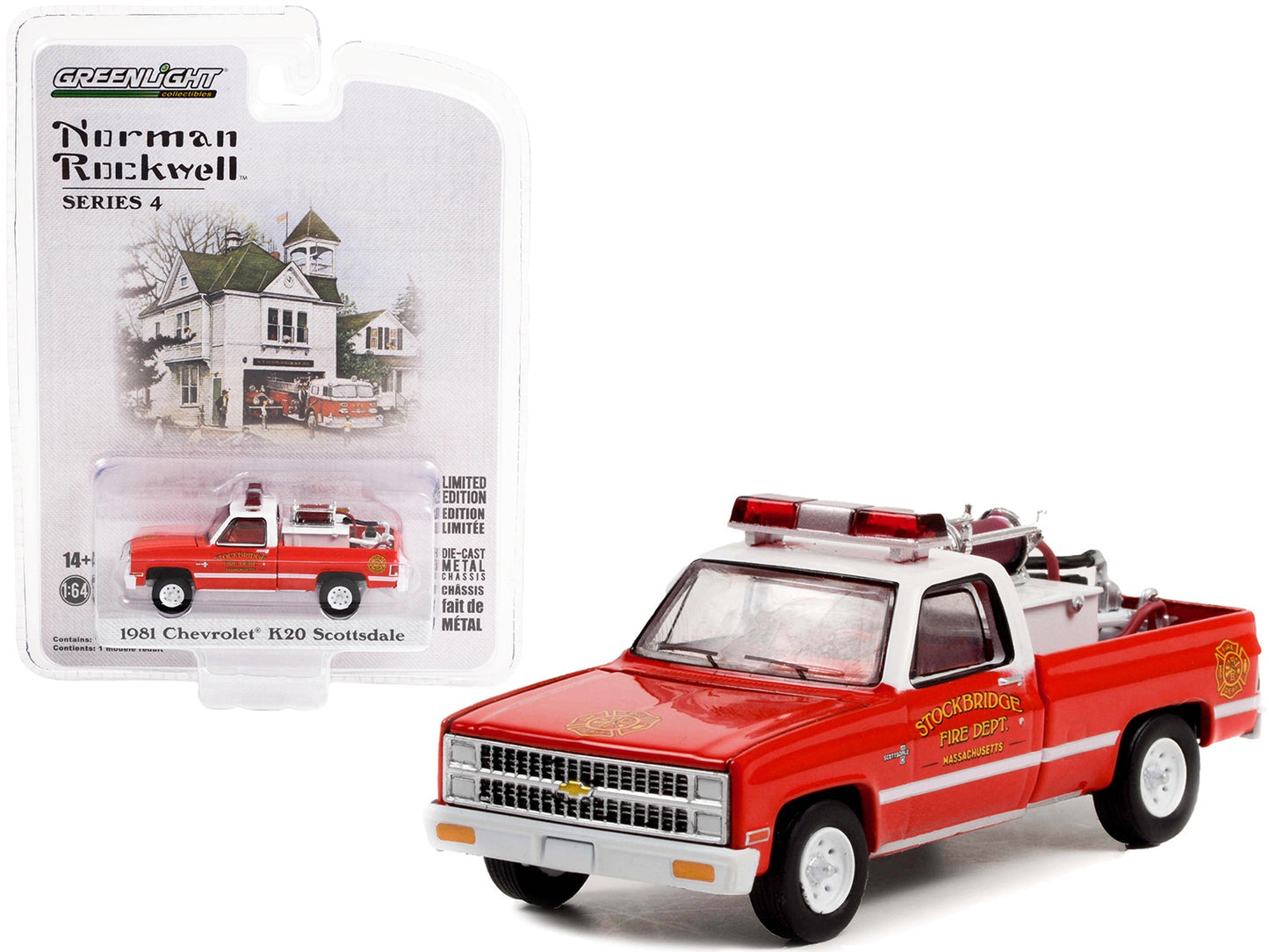 1981 Chevrolet K20 Scottsdale Pickup Truck Red and White "Stockbridge Fire Department Massachusetts" with Fire Equipment Hose and Tank "Norman Rockwell" Series 4 1/64 Diecast Model Car by