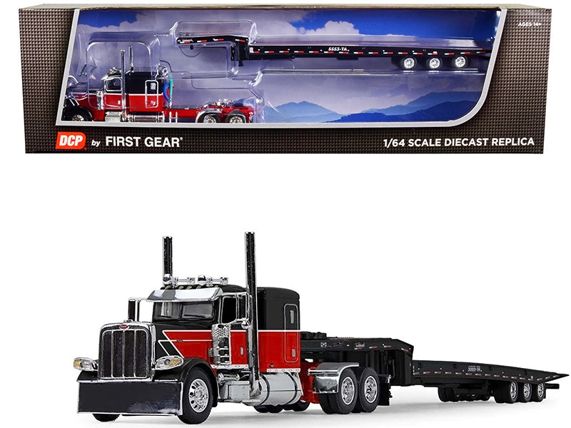 Peterbilt 389 with Sleeper Cab and Talbert 5553TA Tri-Axle Trailer Black and Red 1/64 Diecast Model by DCP/First Gear