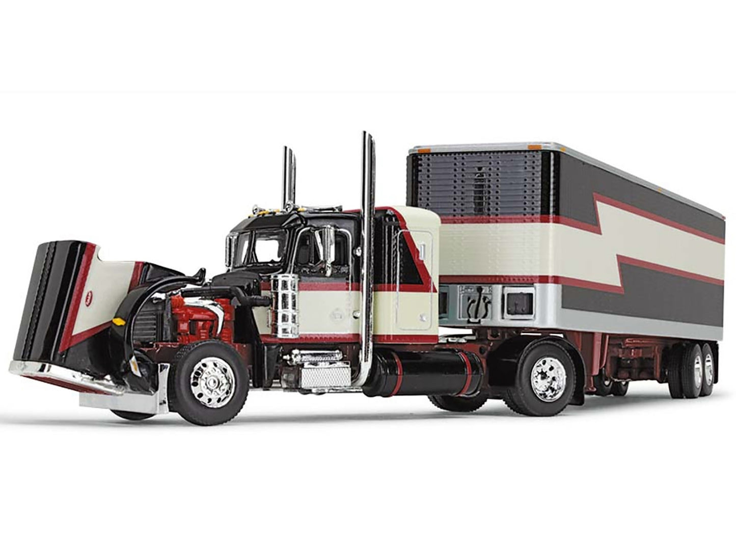 Peterbilt 359 with 36" Flat Top Sleeper and 40' Vintage Dry Goods Trailer Black with Cream and Red Stripes 1/64 Diecast Model by DCP/First Gear