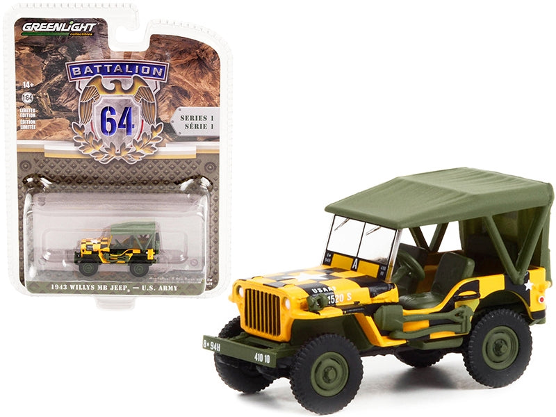 1943 Willys MB Jeep Yellow U.S. Army Follow Me Jeep "Battalion 64" Release 1 1/64 Diecast Model Car by Greenlight